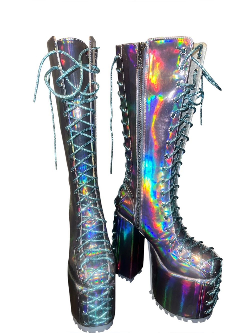 Current Mood Holographic Lace-Up Platform Knee-High Boots - light blue